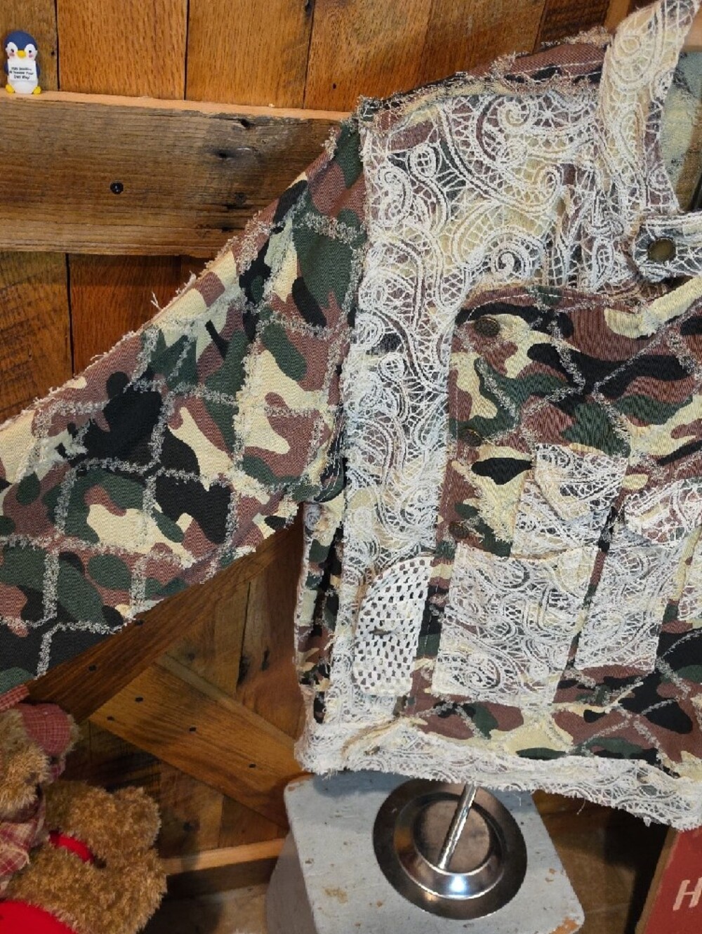 051p POL Patchwork Camouflage and Lace Jacket in Green and Brown - Picture 7 of 16